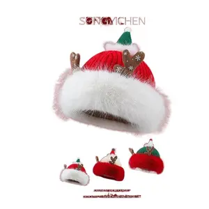 SONGMICHEN 2-Pack Christmas Red Hat with Cute Reindeer Antlers Plush Knitted Winter Cold-Proof Warm Ear Protection Fashionable Hat