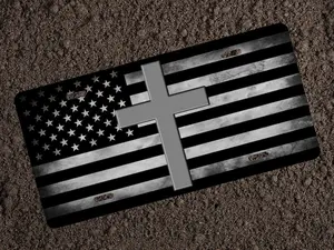 Black & White American Flag Cross License Plate Cover – Christian Faith Cross Design, Fits Motorcycle, Car, Pickup Truck & RV, Standard US License Plate