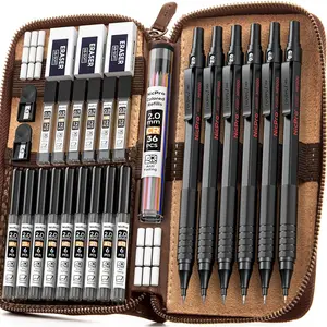 30PCS Black Metal Mechanical Pencil Set in Leather Case, Art Drafting Pencil 0.5 0.7 0.9 mm & 2mm Lead Pencil Holders for Sketching Drawing With 16 Tube (6B 4B 2B HB 2H 4H) Lead Refills