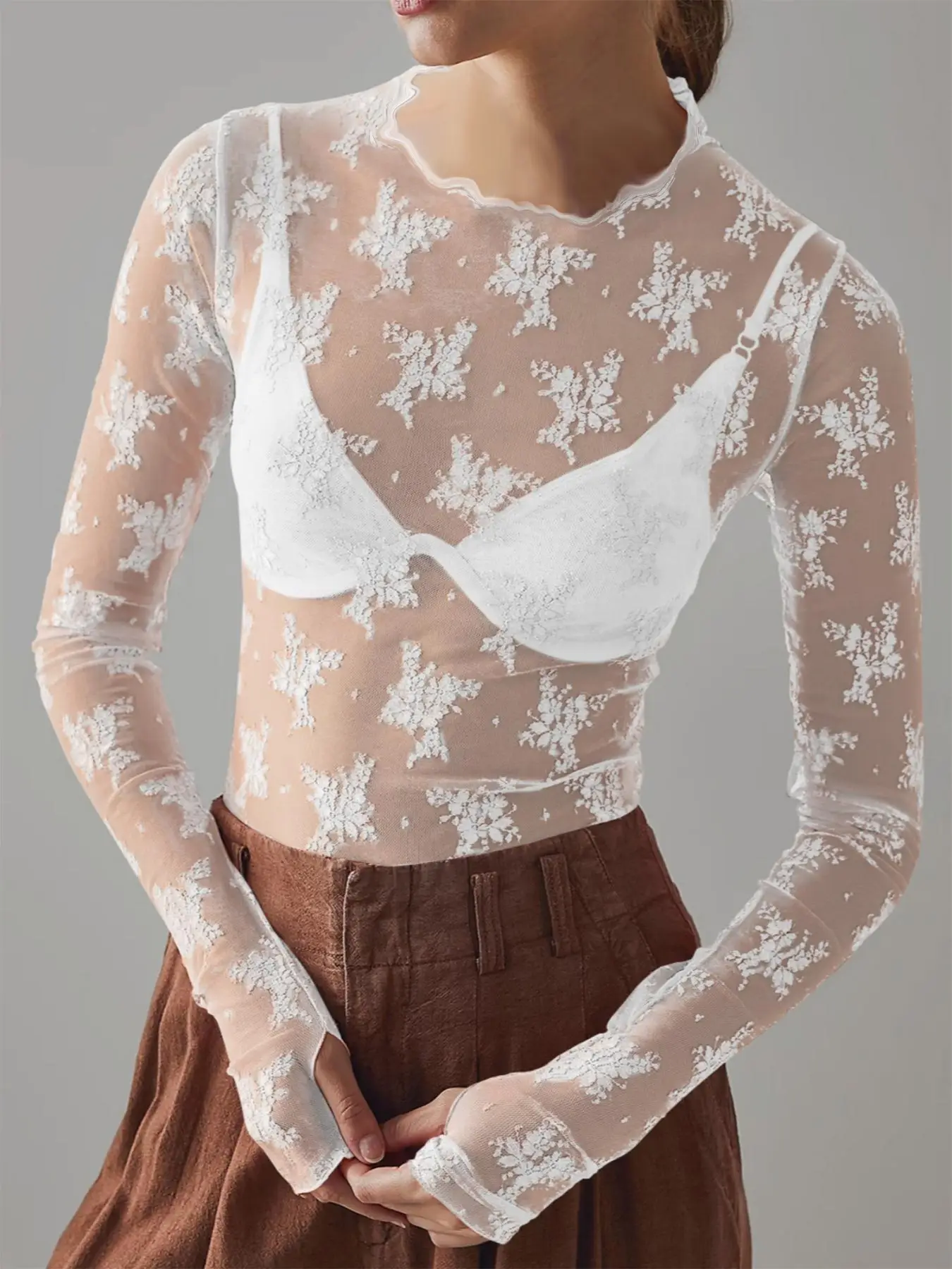 Women's Floral Lace Thumb Hole Sheer Tee, Trendy Mock Neck Long Sleeve T-shirt, Women's Top for Daily Wear