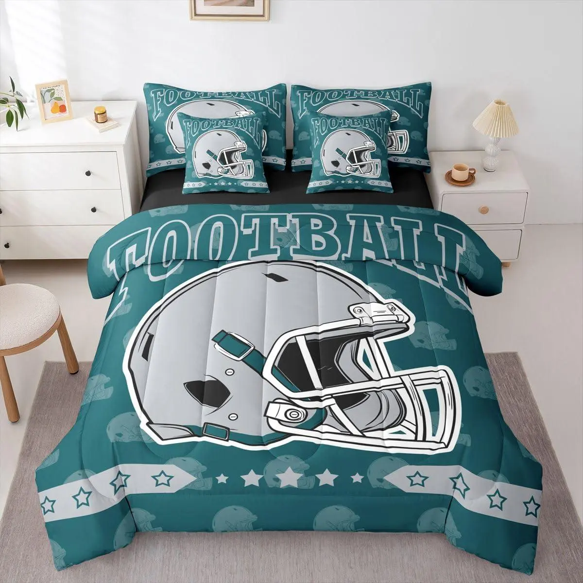 Football City Comforter Set,7 Piece Bed in A Bag,Footballs Game Bedding Set,for Kids and Adults Rugby Sports Comforter and Sheets Teal Retro Grey Helmet Bed Set