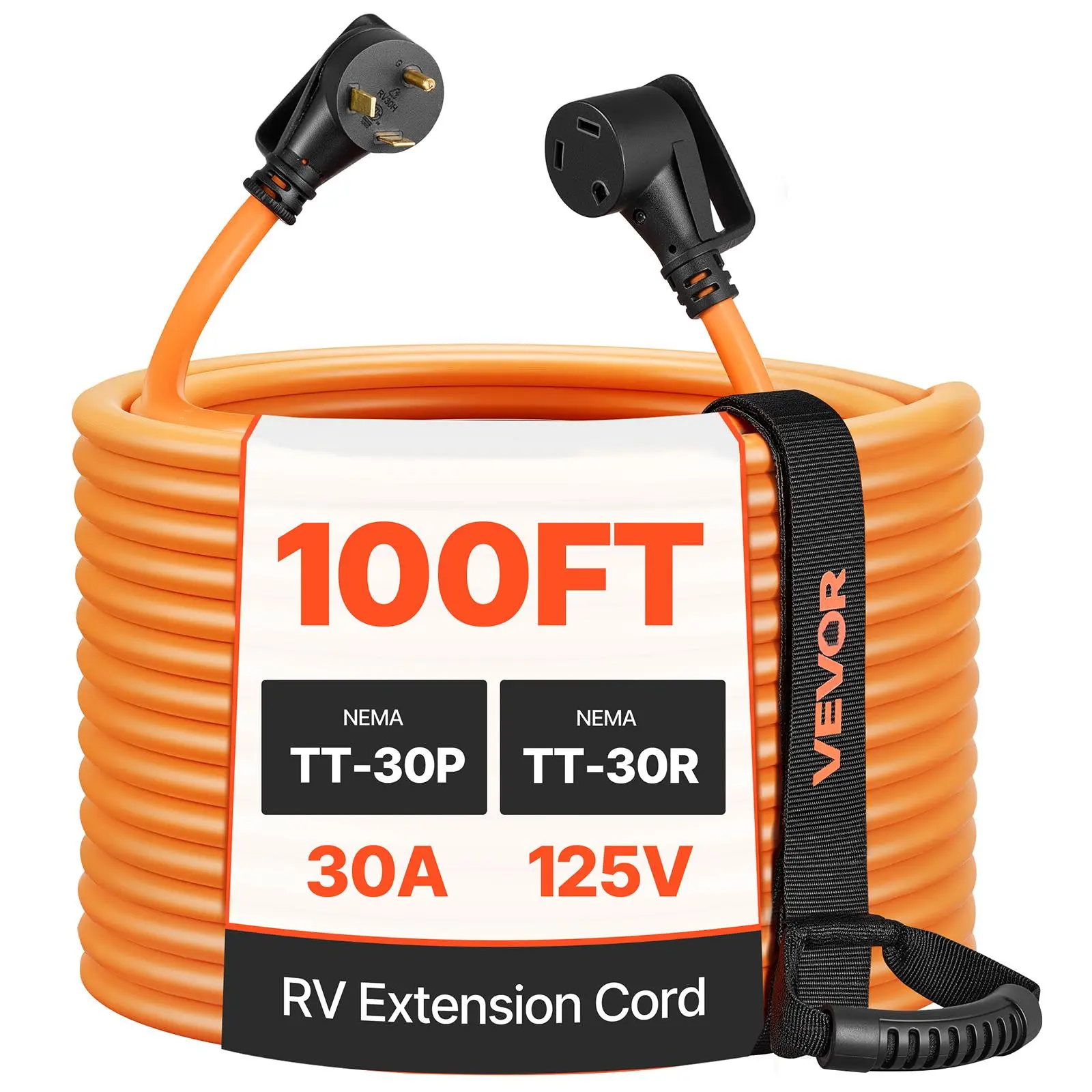 【Summerfinds】VEVOR 30 Amp 100 Feet RV Extension Cord, 125V 2500W, Heavy Duty 10/3 Gauge STW RV Power Cord, NEMA TT-30P to NEMA TT-30R, with Power Indicator, Cord Organizer, 15A Adapter, for Camper Travel Trailer