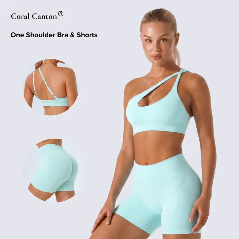 Coral Canton Seamless One Shoulder Bra & Shorts Set SohoChic