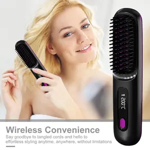 Cordless Hair Straightener Brush 3 Temperatures LCD Display Fast Heating USB Rechargeable Portable Hot Brush Electric Fluffy Curly Hair Styling Detangling Comb Christmas GiftBlack