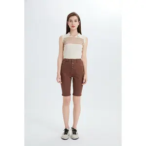 Retro Brown High Waist Denim Shorts, Button Fly Knee Length Bermuda |   Must-Have Y2K Streetwear