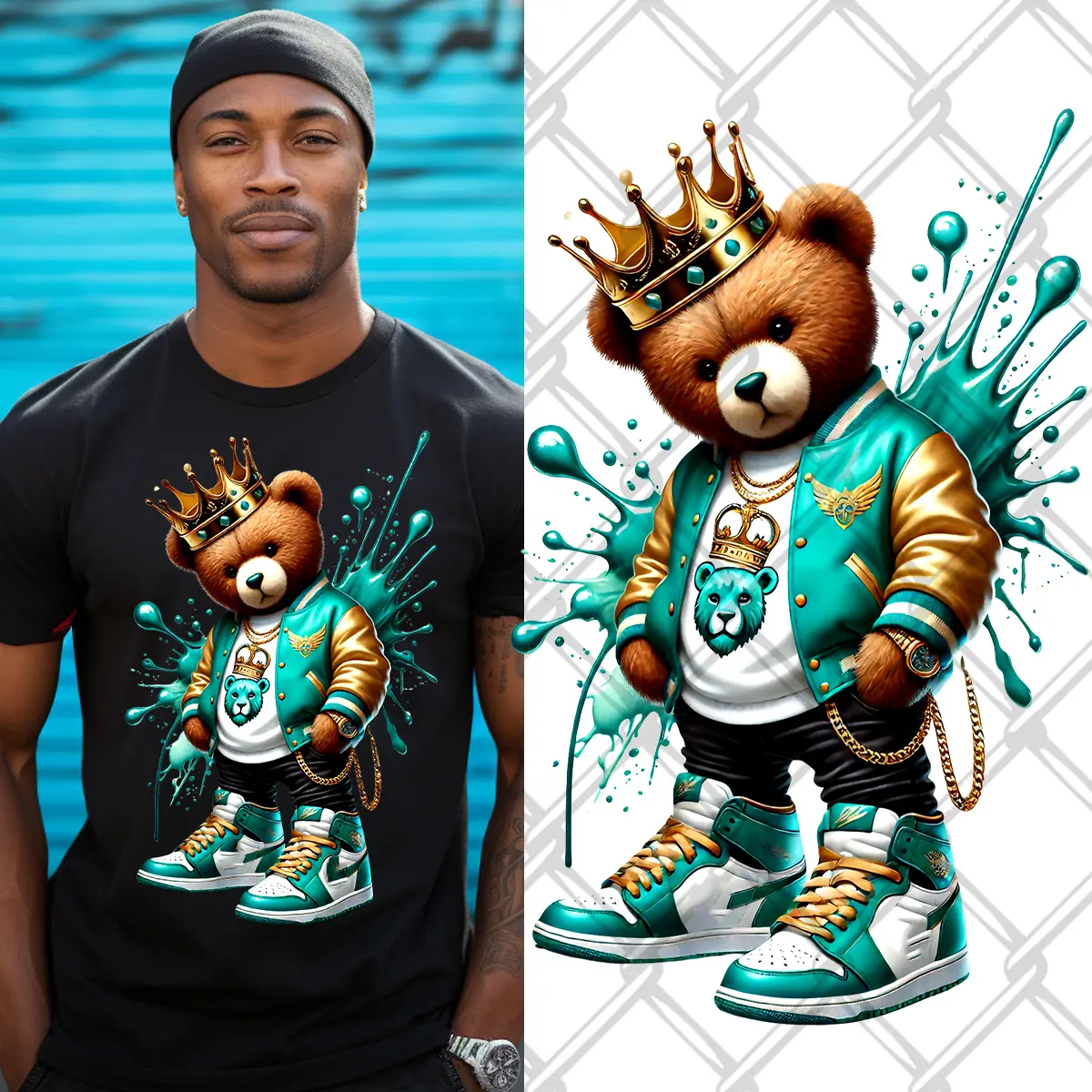 4-Pack, 6-Pack or 8-Pack DTF Heat Transfer Gang Sheet Hip Hop Bear Ready to Press for DIY T-Shirt Printing