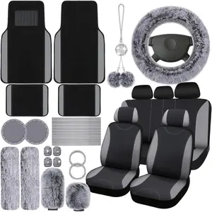 Seat Cover Full Set for Women Included  Front Rear Seat Fluffy Steering Wheel Cover Belt Automotive Floor Mats Air Conditioner Decoration Strip Universal(Gray)