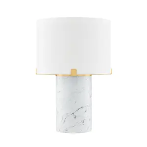 Rumi Table Lamp - Modern Carrara Marble Base with Aged Brass Accents and Classic Linen Shade