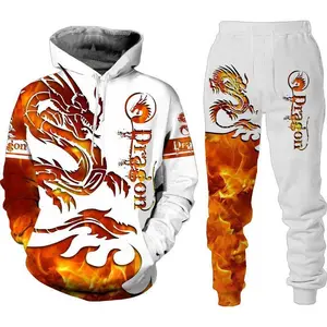 Men’s 3D Dragon Print Two-Piece Sweatshirt Set (Hoodie + Pants), Casual European & American Streetwear