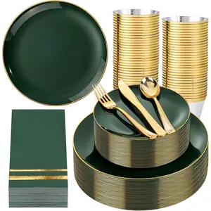 350 count Green Plastic Plates - Disposable Green  Dinnerware Set for 50 Guests, 100 Dinner/Dessert Plates, 150  Silverware, 50 Cups&50 Napkins for Party & Wedding & Spring