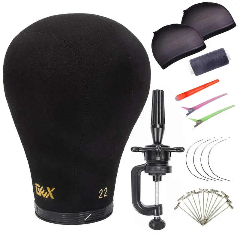 Gex 20-24" Canvas Cork Wig Block Mannequin Head for Wig Making Drying Styling Display with Table C Clamp Stand Holder & Accessories Black Rubber Circle Gold Symbol High-Density Canvas Inside - Hair Replacement