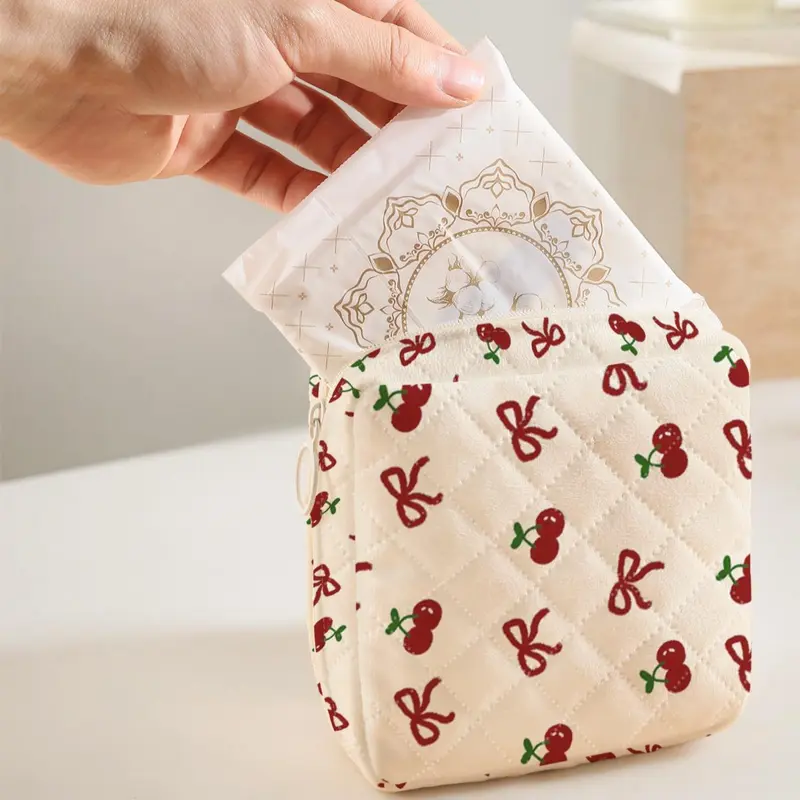 Cherry Pattern Sanitary Napkin Storage Bag, Portable Lightweight Tissue Bag, Travel Cosmetics Storage Box Organizer for Women & Girls, Zipper Pouches For Organizing, Travel Organization Pouch, Storage Pocket, Organizational Zipper Storage