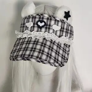Women's Y2K Kawaii Bear Ear Sun Visor - Lace-Trimmed Baseball Cap, Fashion Accessory for Y2K Enthusiasts
