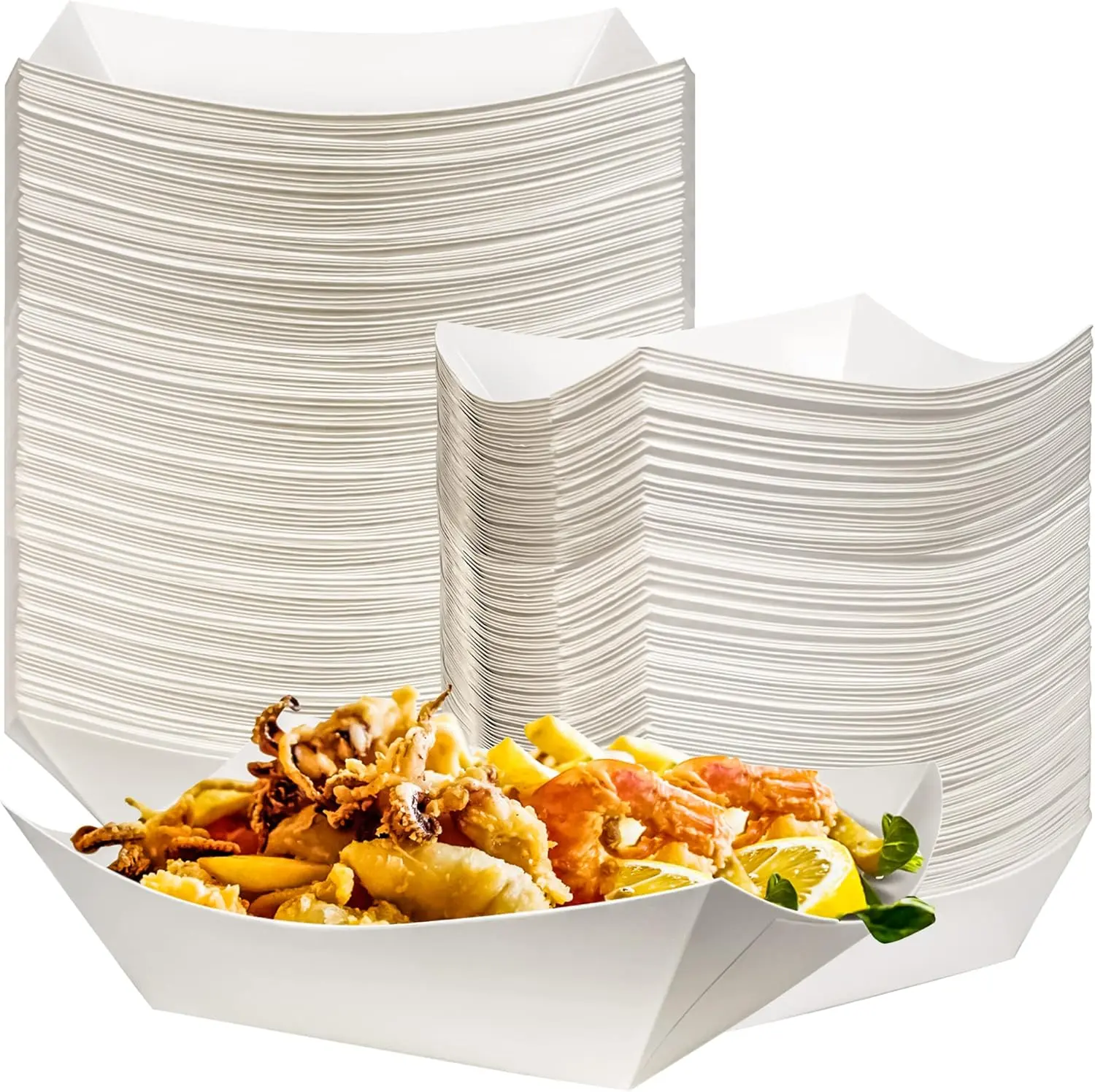 100-Pack 2lb Kraft Waterproof Heavy-Duty Disposable Food Trays, Boats & Baskets, Paper Disposable Tableware Supplies for Picnic, Party (White), Watch Party