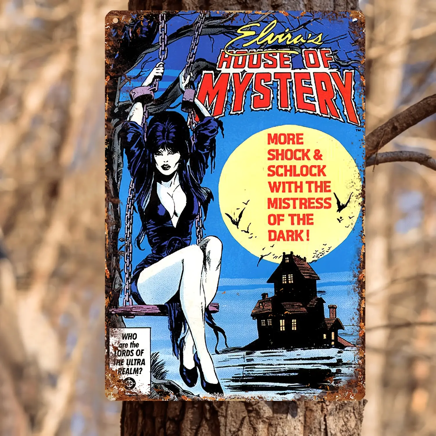 Vintage Aluminium Wall Plaque - Elvira's House of Mystery Comic Book Cover Art Deco Print, 8x12in Artistic Signage for Home, Bar Decoration, Indoor-Outdoor Use