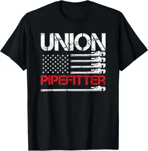 100% Cotton Union Pipefitter Union Strong USA American Flag Steamfitter T-Shirt