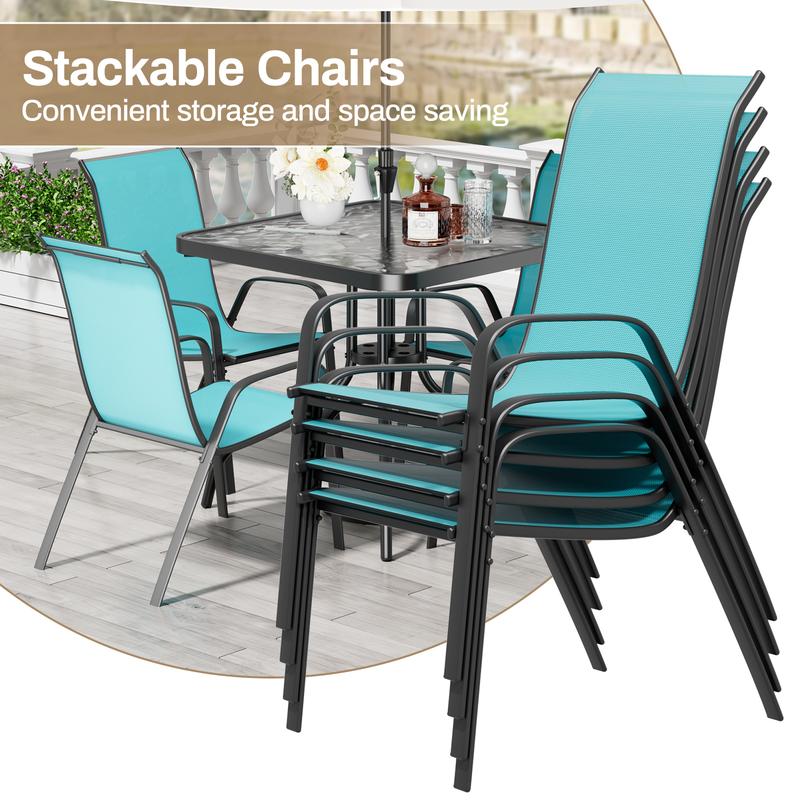 5 Piece Outdoor Patio Dining Set (Umbrella not Included), Porch Furniture with 4 Textline Chairs, 1 Square Glass Table for Garden, Backyard and Poolside, Lawn