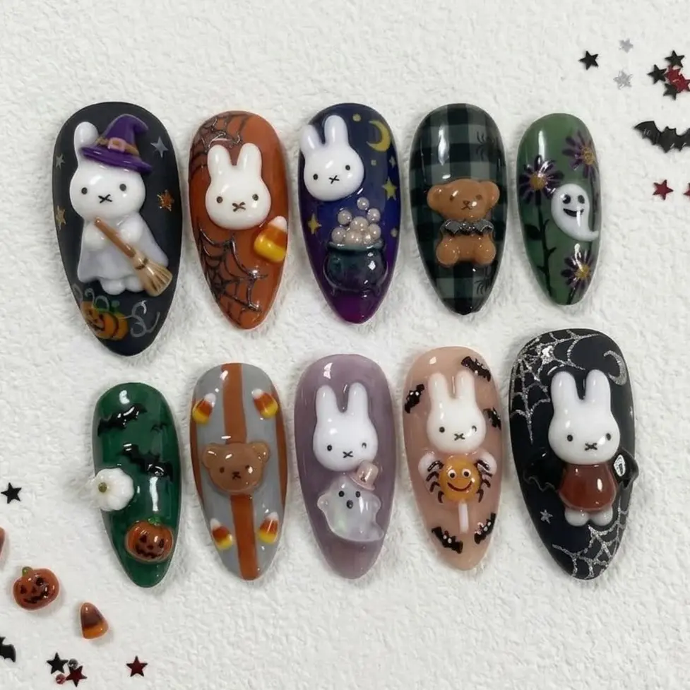 Bunny Halloween Press On Nails | Spooky Kawaii Inspired | Cute Almond Nails | Bunny Ghost Pumpkin Spider Nail | Handmade 3D Character Nails