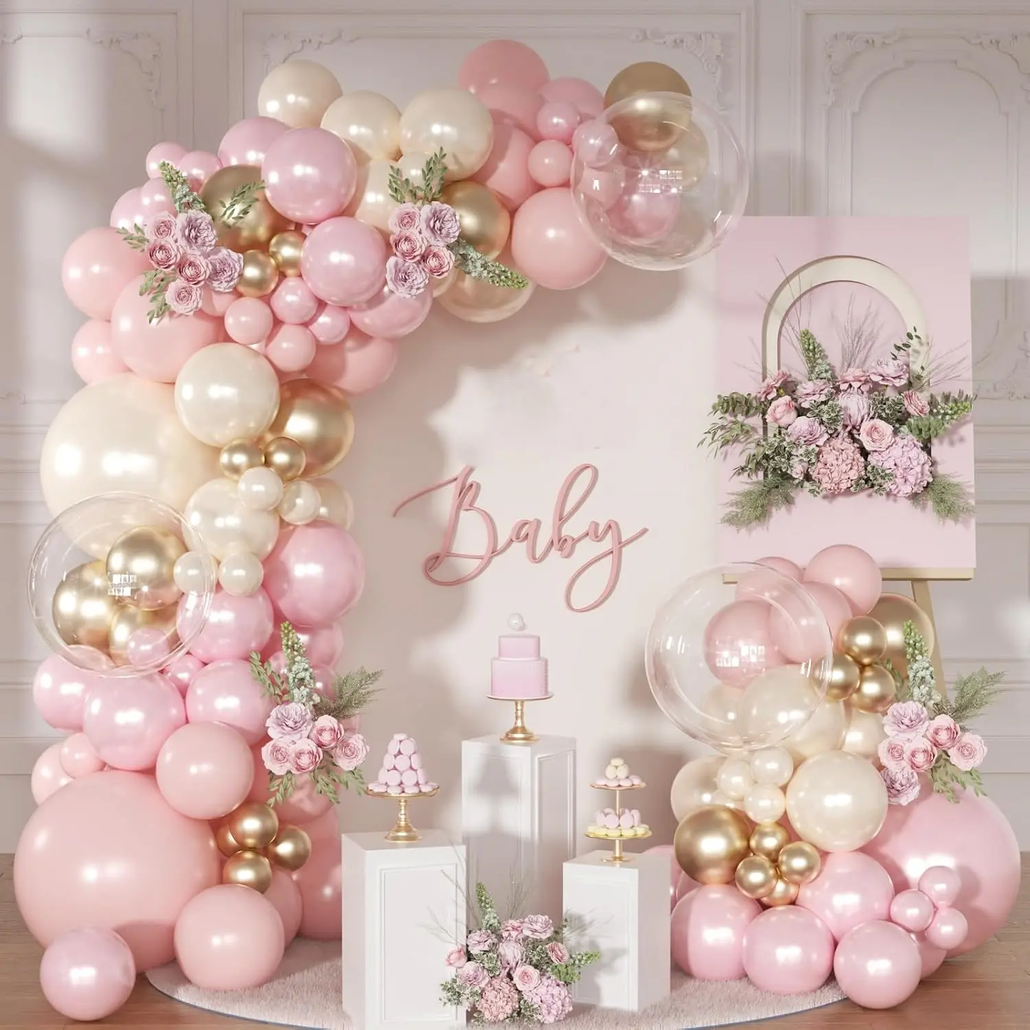 126Pcs Pink and Gold Balloon Arch Kit Pearl Pink Balloon Garland Kit | Pastel Light Baby Pink Sand White Balloons for Boho Birthday Baby Shower Bridal Shower Wedding Party Decorations