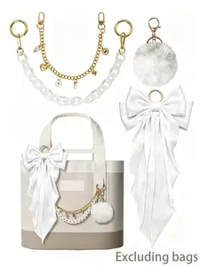 4Pcs White Satin Bow Bag Accessories Set, Gold Charm Chain + White Acrylic Chain + White Fluffy Pom Pom + Satin Bow Scarf, Decorative Charms for Tote Bags, Handbags, Trendy Bag Charms