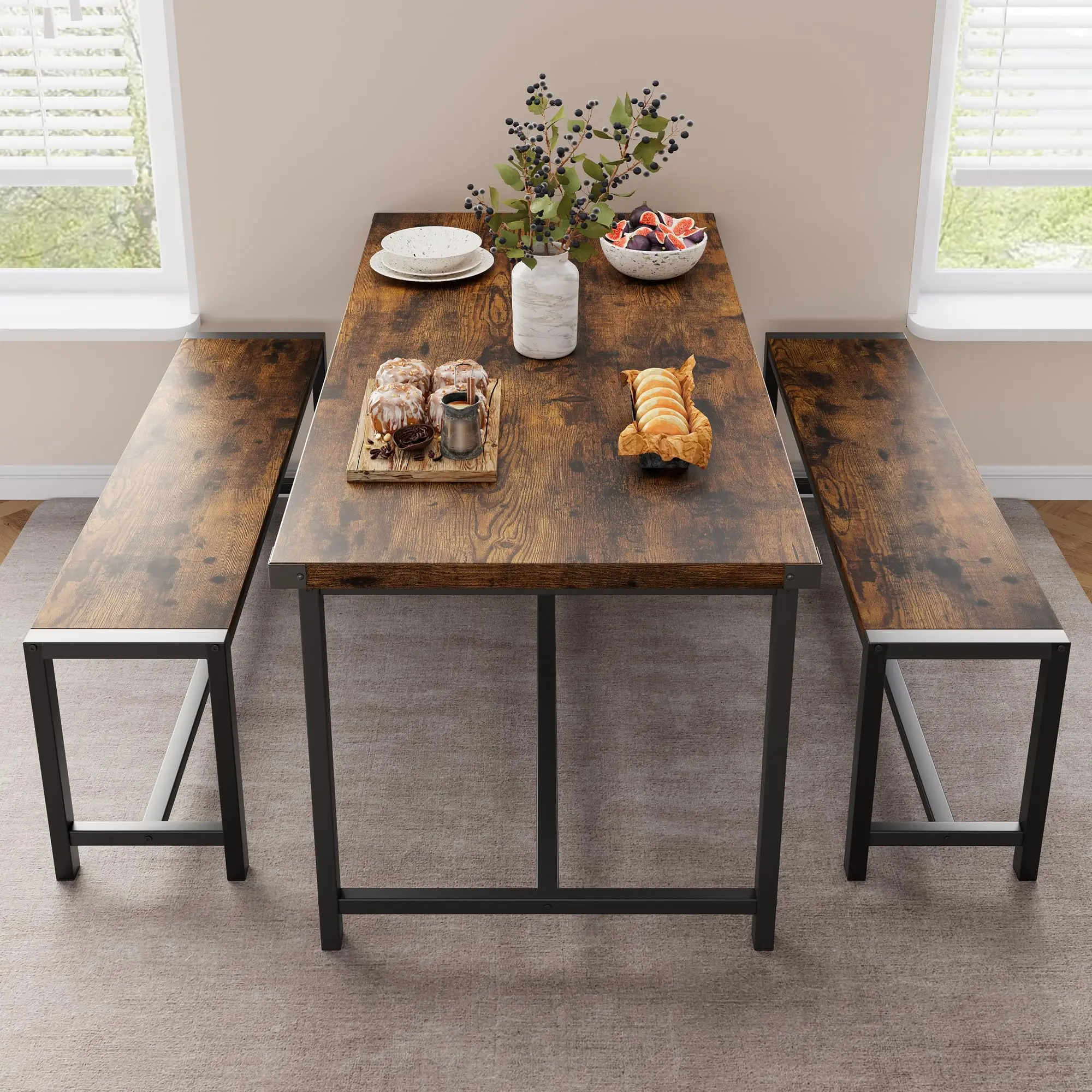 Garvee Space-Saving 3-Piece Dining Table Set for 4-6 – Modern Rectangular Dining Table with 2 Metal Wood Benches – Durable H-Shaped Frame – Ideal for Apartment, Studio, Small Spaces, Dinner Table Set, Furniture Sets
