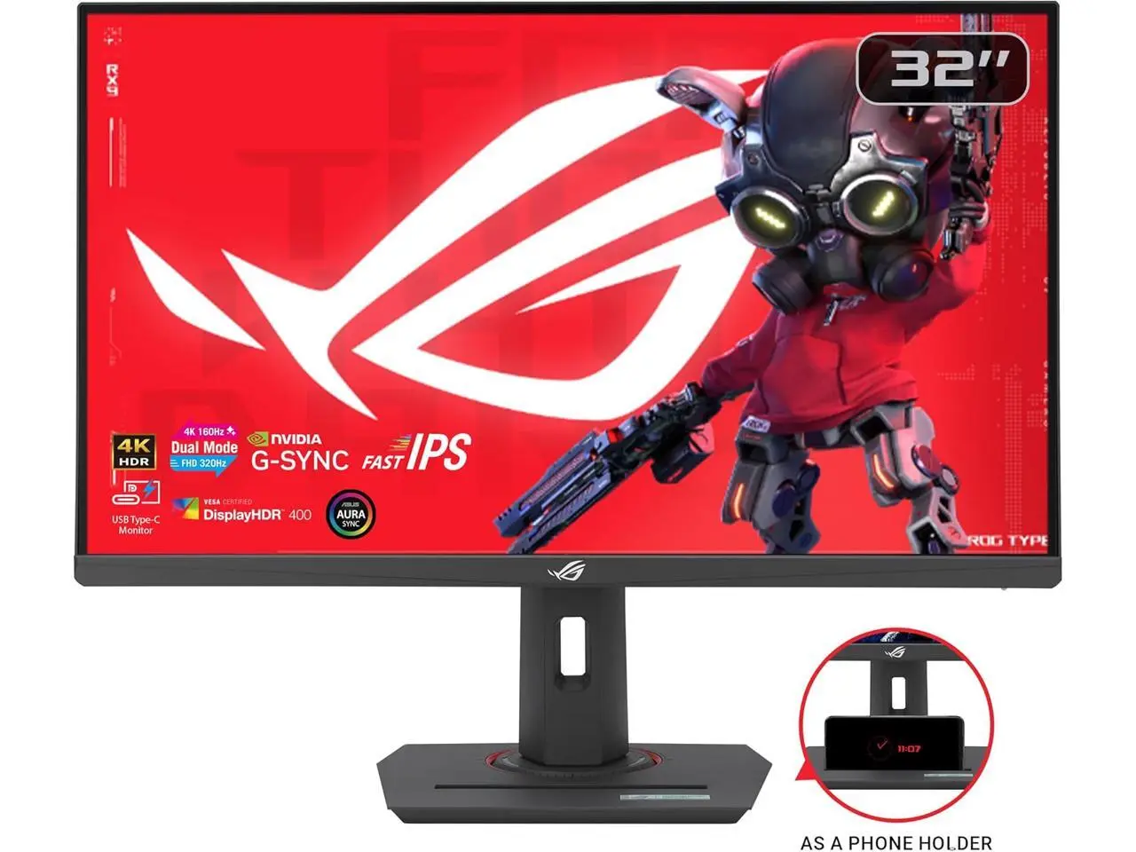 ASUS ROG Strix 32" 4K HDR Gaming Monitor (XG32UCG) - 3840x2160, Dual mode (4K 160Hz/FHD 320Hz), 0.3ms, Fast IPS, Extreme Low Motion Blur Sync, USB-C, G-SYNC Compatible, Tripod socket