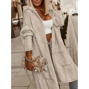 Women’s Casual Long Hooded Cardigan with Pockets, Beige Crew Neck Long Sleeve Autumn/Winter Fashion Layering Sweater Hoodie