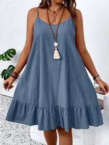Plus Size Women's Solid Color Ruffle Hem Cami Dress - Summer Casual Wear - Womenswear
