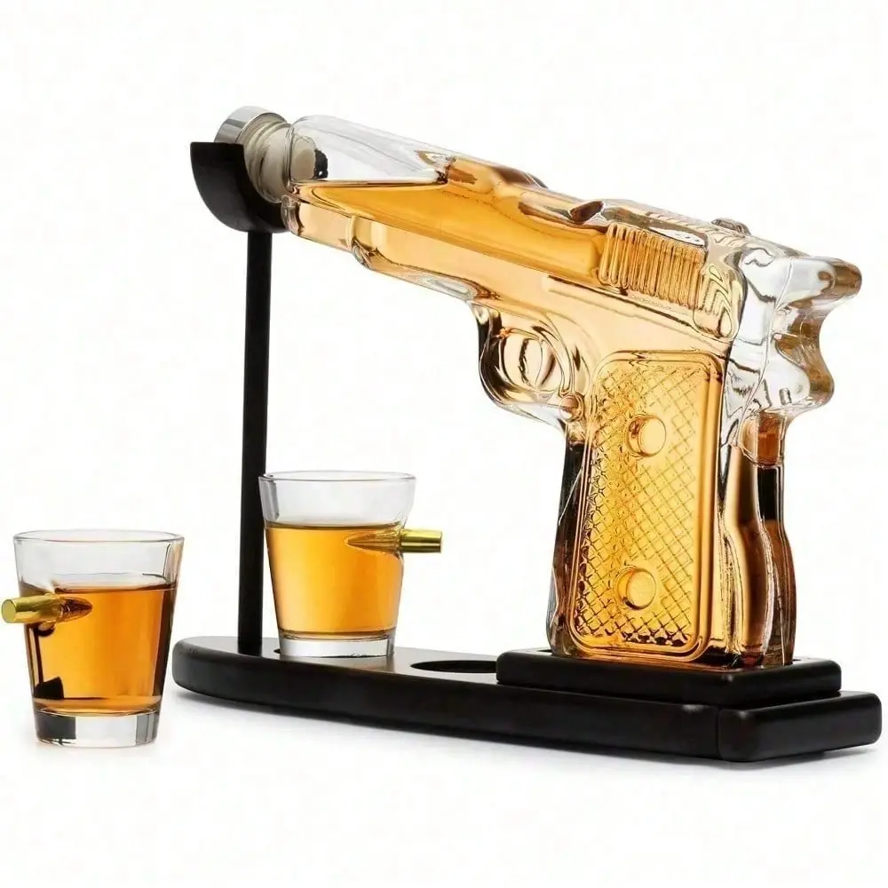 Classic Shaped Whiskey Gun Decanter Set - 10 oz Pistol Liquor Dispenser, 2 Bullet Glasses, Stand, Home Bar Accessories, Mens Gifts for Dad, Husband, Unique Anniversary/Father's Day Idea