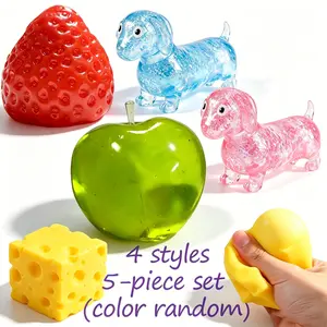 Dachshund Strawberry Apple Cheese Squeaky Toy Set, 5 Pieces 4 Designs Stress Relief Toys for Kids and Adults, Random Colors