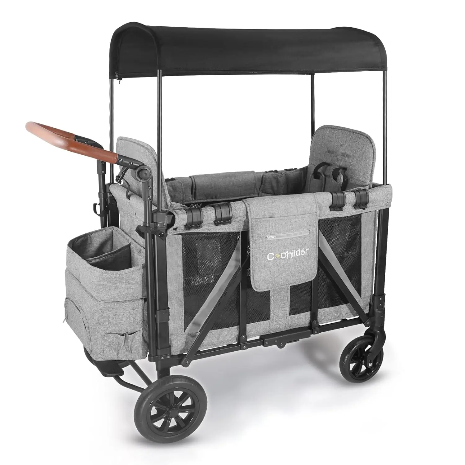 2 Seater Wagon Stroller for Kids, Foldable Stroller Wagon with Removable  Seats & Canopy, 5-Point Safety Harness, Adjustable Handle, Light Grey -  TikTok Shop