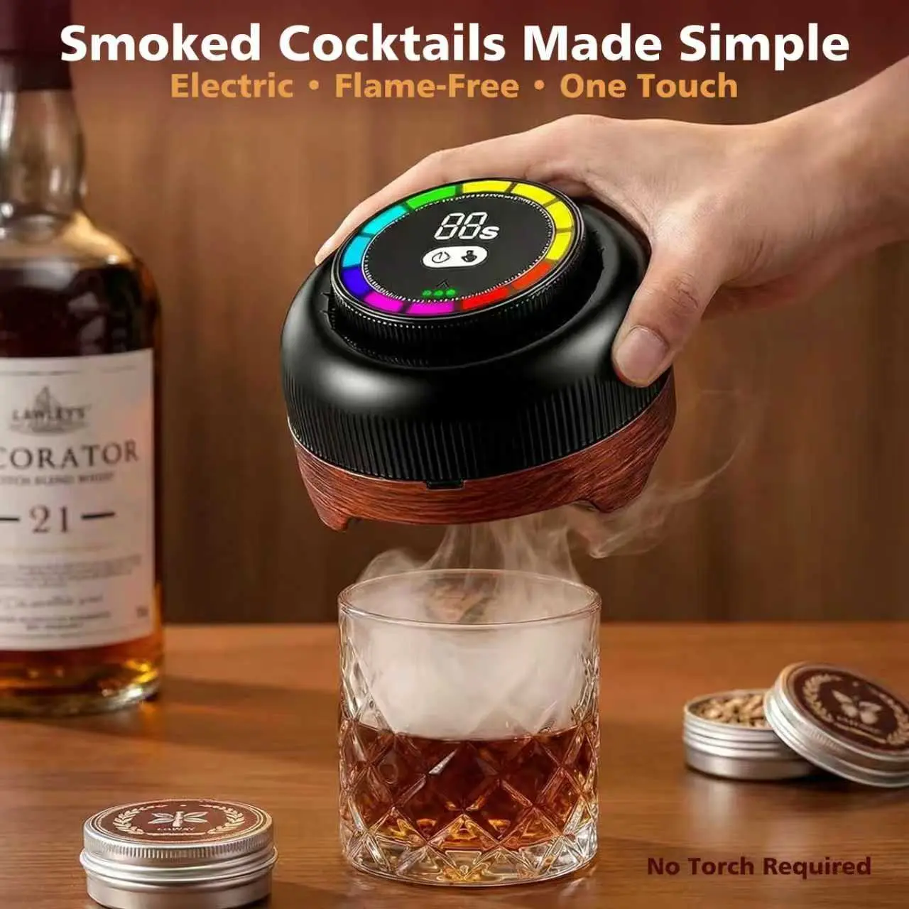 SIZLPAO Electric Whiskey Smoker Equipment - Rechargeable Woody Food Smoker, No Flame/Butane, 60s Smoke Control, 6 Wood Chip Flavors, Easy-to-Use Home & Watch Party Supply, Stylish Valentine’s Day Gift for Men