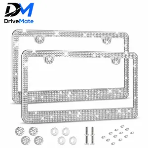 DriveMate Bling License Plate Frame for Women, Stainless Steel Rhinestone License Plate Frame, Sparkly Crystal Car Tag Frame, Obstruction-Free, White, 2 Pack