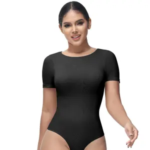 Soo Slick Women's Tummy Control Bodysuit – Crew Neck, Short Sleeve, Thong Sculpting Shapewear with Removable Padding for Comfort & Womenswear Tops