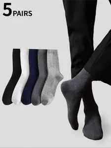 5 Pairs of Solid-Color Men's Mid-Calf Socks in Black, White, and Gray Solid-color mid-calf socks, soft and comfortable, perfect for business professionals. Autumn style. Casual Daily Socks