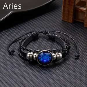 12 Constellation Zodiac Sign Charm Luminous Bracelets Men Women Vintage Multilayer Wrap Leather Bracelet & Bangle Birthday Gift rinhoo