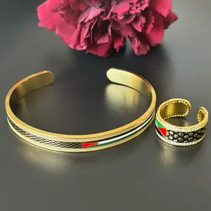 Gold-Tone Palestine Bracelet & Ring Set - Flag & Kufiya Design with Gold-Tone Finish and Colorful Stripes