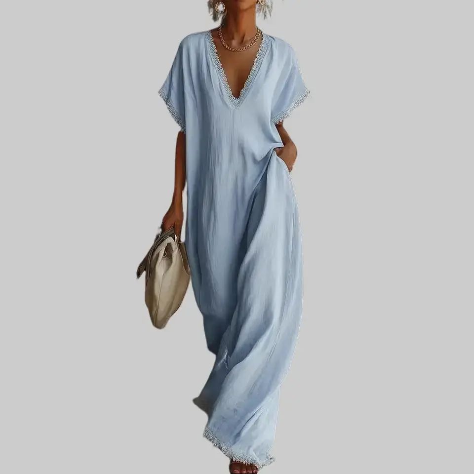 Women's Boho Linen Blend Maxi Dress - Casual Wear, Cool to Touch, V-Neck, Batwing Shortsleeve, Lace Trim, Pockets, Minimalist Women's Clothes