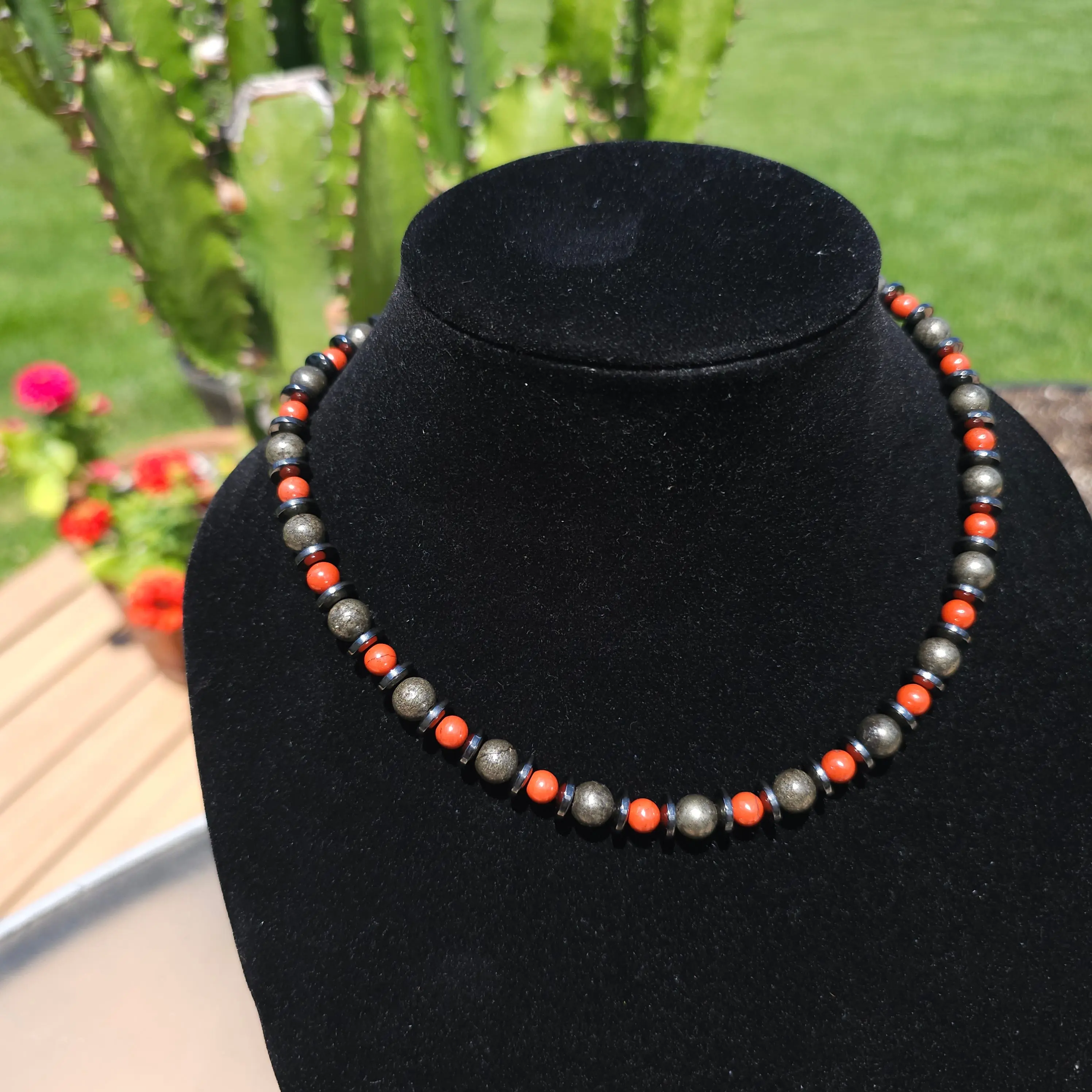 Red Jasper, Hematite and Pyrite Necklace 18