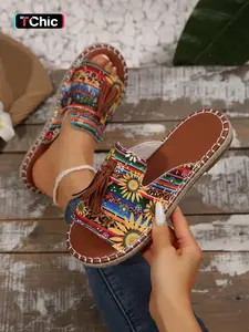 Women's Boho Style Slide Sandals, Vintage Trendy Flat Sandals, Fashionable Barefoot Shoes for Beach Vacation, Footwear