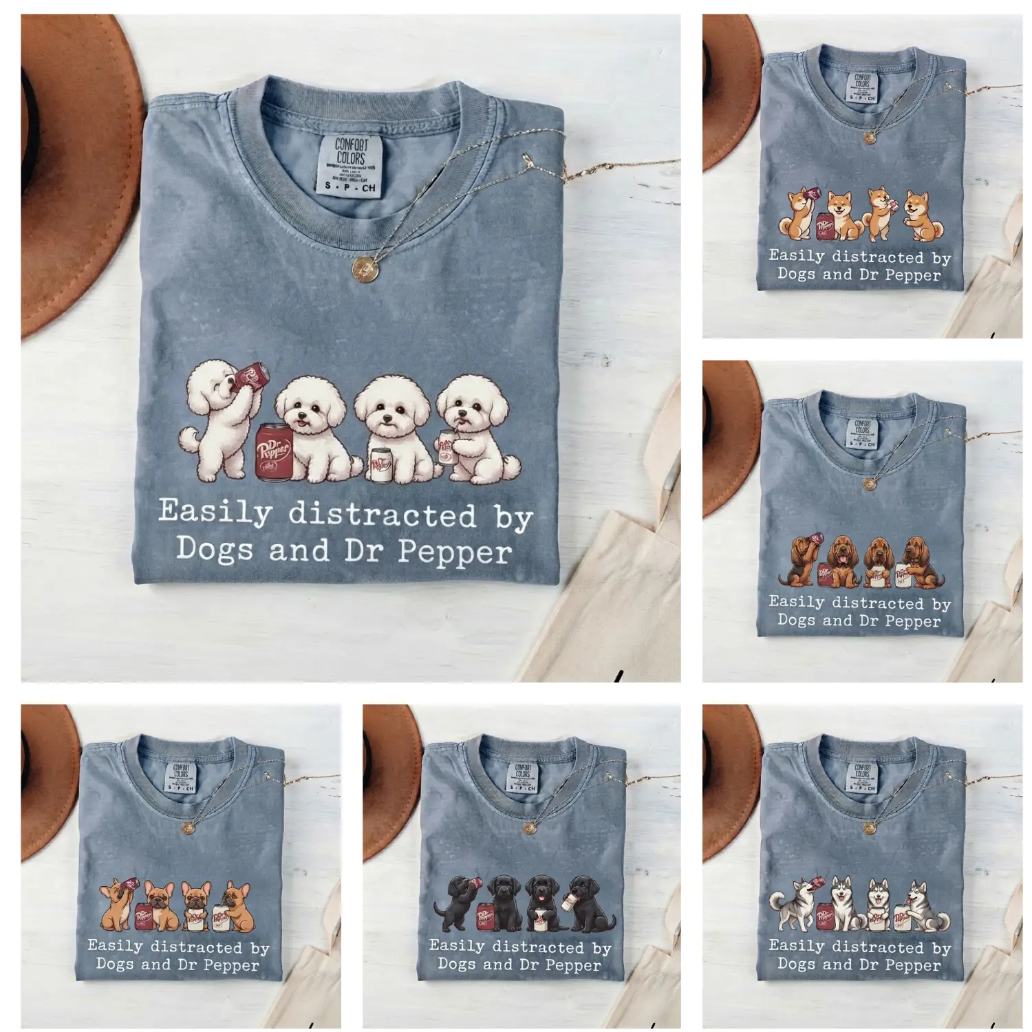 Vintage Style 50+ Dog Breeds Shirt, Easily Distracted by Dogs and PPepper Tee, Custom Dog Lover Gift, Funny Pet Graphic T-Shirt, Premium Soft Cottonour Breed