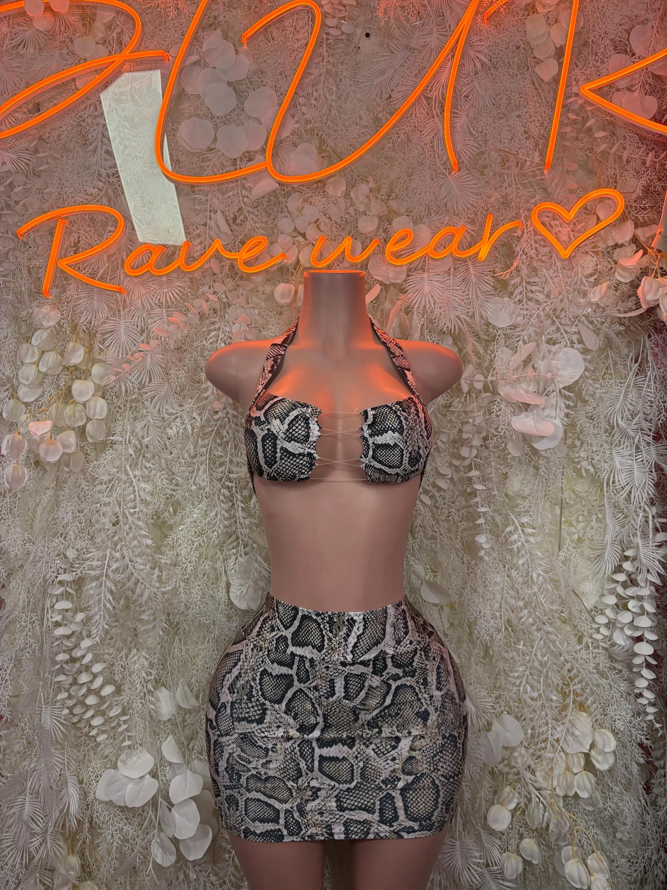 Snake Print Cutout Mini Skirt Set – 2 Piece Rave Festival Clubwear
