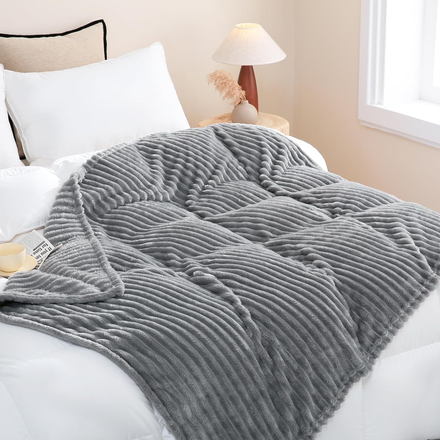 Fleece Throw Blanket for Couch Sofa or Bed Super Soft Throw Blanket Premium Silky Flannel Fleece 3D Ribbed Jacquard Lightweight Bed Blanket All Season Use,back to school,back to school shopping,home decor