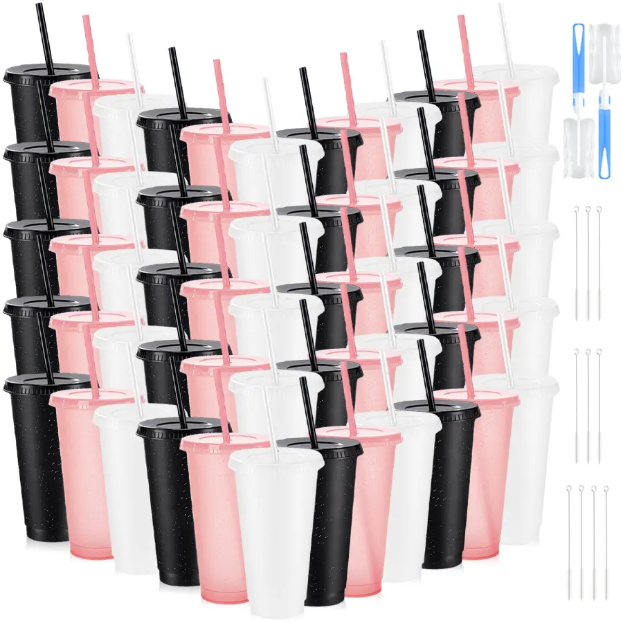 HILAKE 60pcs PP Reusable Water Cups & Bottles Set with Lids, Straws, Cup Brushes, Straw Caps – Ideal for Birthday Parties, Daily Hydration, Thanksgiving Gifting, Watercups