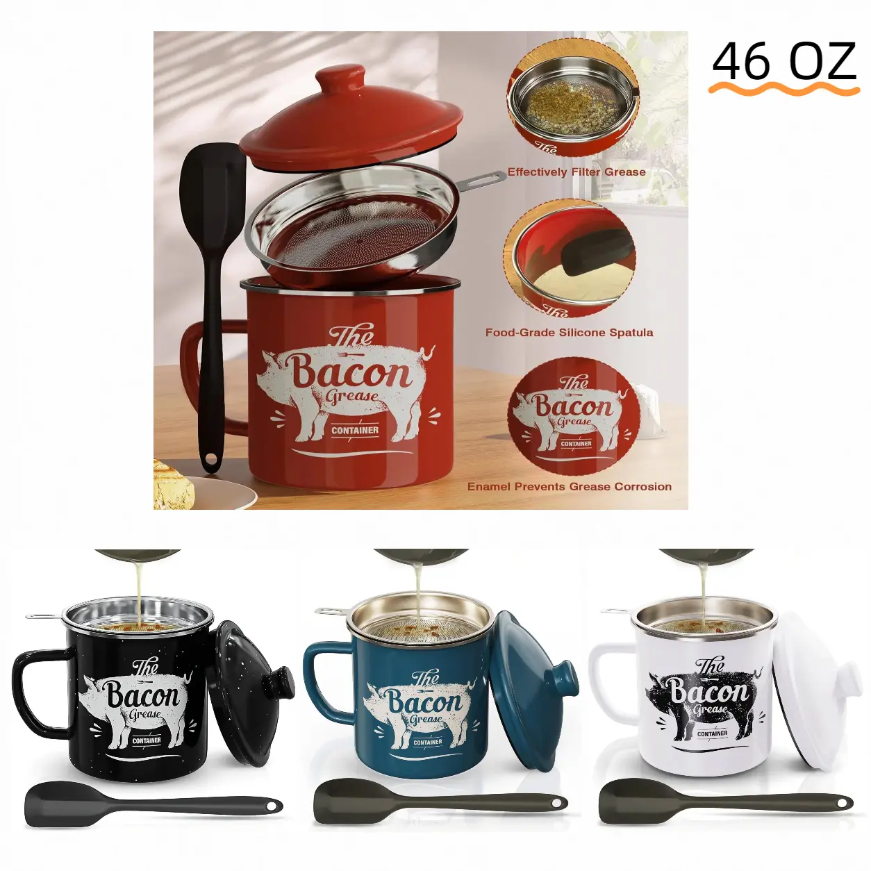 PGYARD Bacon Grease Container Set, 46OZ Large Grease Saver with Silicone Spatula, Removable 304 Stainless Steel Strainer, Cooking Oil Container for Kitchen Fat Storage, Vintage Farmhouse Decor Gift homeessentials