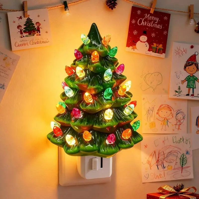 Christmas Tree Night Light Resin Decoration Lamp with Colorful Bulbs, 360-Degree Rotating Plug and Built-In Switch, perfect for Home, Bathroom, and Bedroom Decor — an Indoor Decorative Light that adds festive charm and warm holiday ambiance