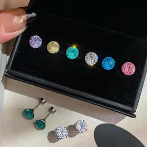 Gradient Colorful Stud Earrings (6mm/8mm), S925 Sterling Silver Hypoallergenic Candy Color Sparkle Earring Stacks, Minimalist Aesthetic Tiny Earrings for Sensitive Ears，Aesthetic Daily Jewelry Gift Surgical Steel Set