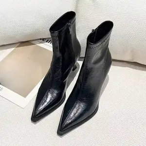 Women's Pointed Toe High Heel Ankle Boots Glossy Faux Leather with Zipper Closure Kitten Heel & Rubber Sole Versatile for Fall Winter Casual & Formal Wear Knee High Walking Shoes