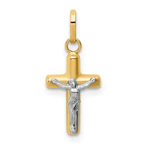 14k w/Rhodium Polished Hollow Crucifix Charm (0.42 grams)