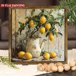 2D Flat, 1pc, Vintage-Inspired Wooden Lemon Still Art Sign, with Framed Spring/Summer Lemon Still Art Decorative Sign for Home Kitchen, Garage, Office, Ideal Gift for Holidays 8x8 Inch, 2D Flat